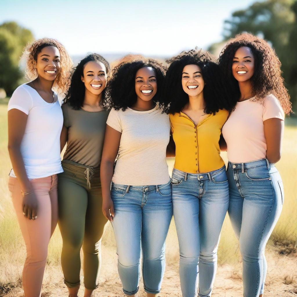 A group of diverse women standing together, smiling and showing solidarity