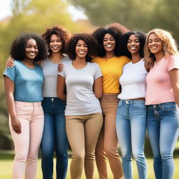 A group of diverse women standing together, smiling and showing solidarity