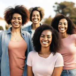 A group of diverse women standing together, smiling and showing solidarity