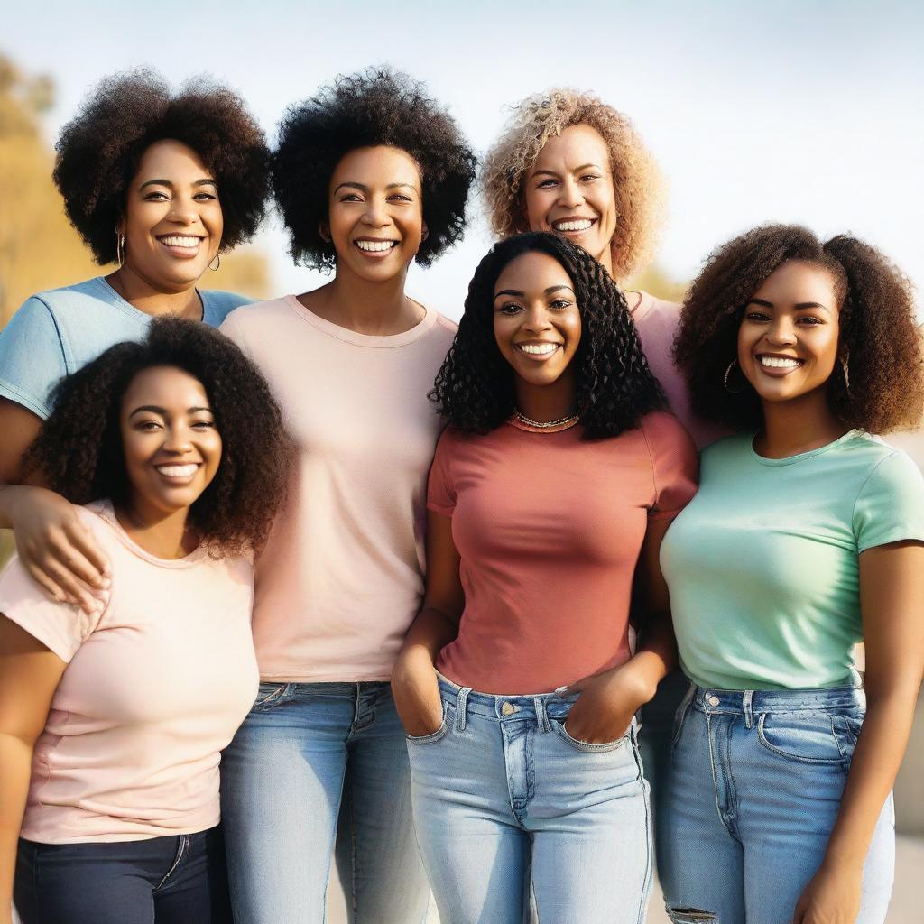 A group of diverse women standing together, smiling and showing solidarity