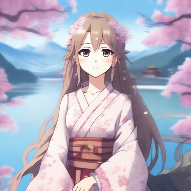 A beautiful anime-style waifu character with long flowing hair, big expressive eyes, and a detailed outfit