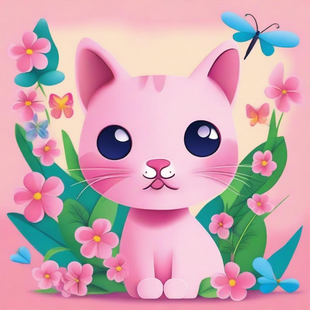 Create an image of a pink cat with a playful and whimsical expression