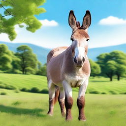 Create an image of a large donkey standing in a picturesque countryside setting