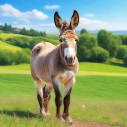 Create an image of a large donkey standing in a picturesque countryside setting