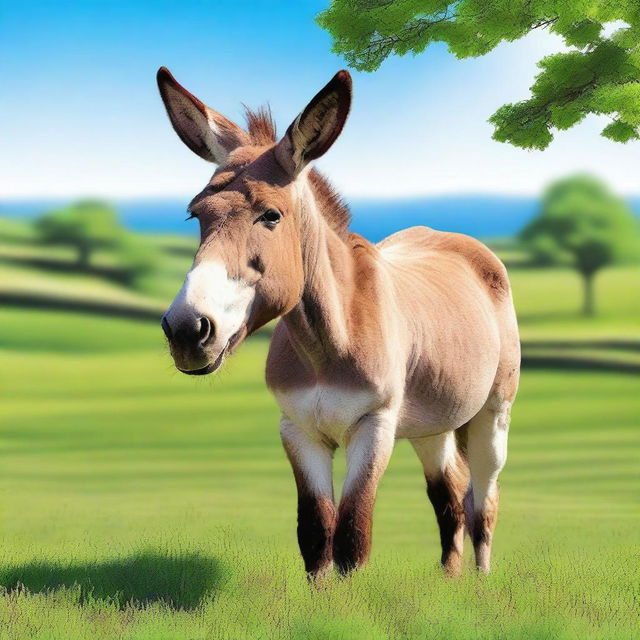 Create an image of a large donkey standing in a picturesque countryside setting