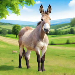 Create an image of a large donkey standing in a picturesque countryside setting