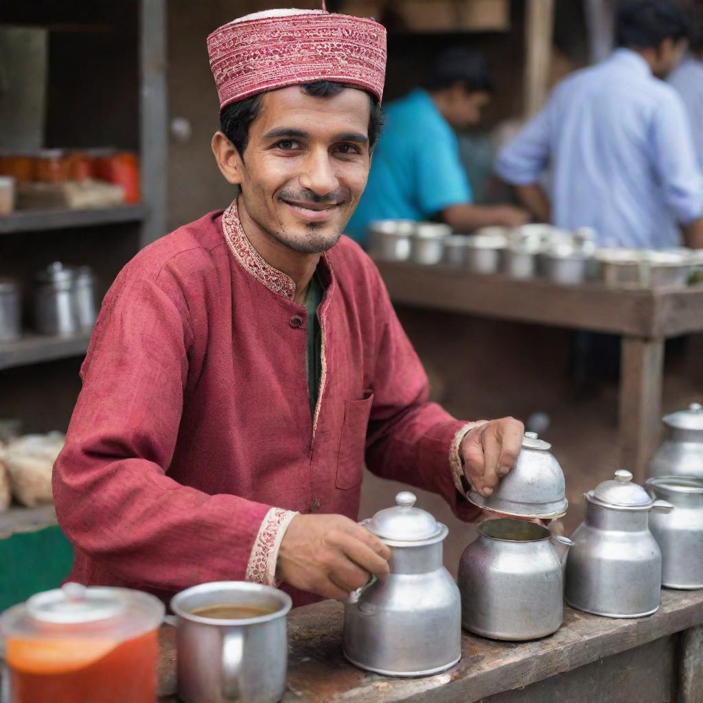 A young and charming Pakistani tea vendor, clad in traditional attire, joyously preparing tea in an vibrant outdoor marketplace.