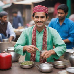 A young and charming Pakistani tea vendor, clad in traditional attire, joyously preparing tea in an vibrant outdoor marketplace.