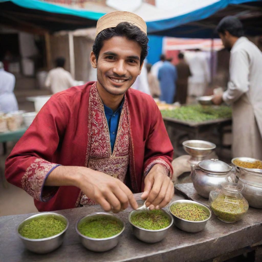 A young and charming Pakistani tea vendor, clad in traditional attire, joyously preparing tea in an vibrant outdoor marketplace.