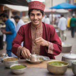 A young and charming Pakistani tea vendor, clad in traditional attire, joyously preparing tea in an vibrant outdoor marketplace.