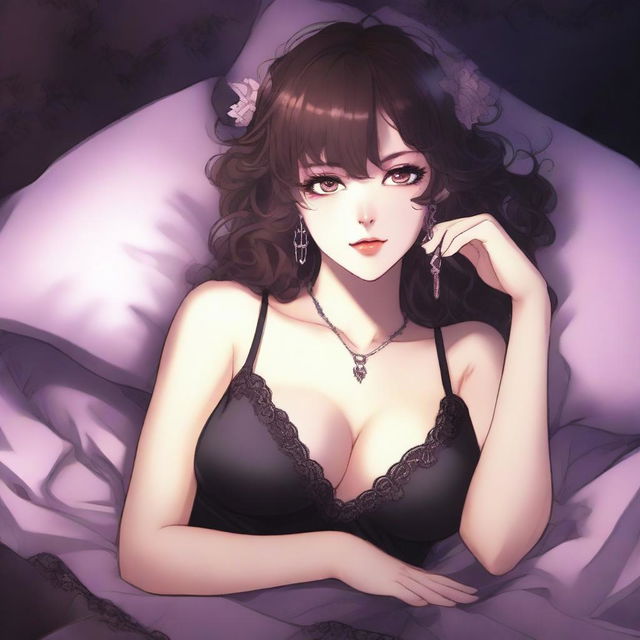 A dark fantasy book cover in anime style featuring a succubus woman with short curly brown hair, brown eyes, and pink earrings