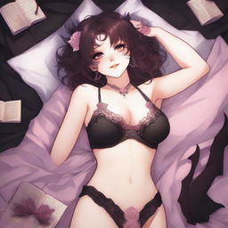 A dark fantasy book cover in anime style featuring a succubus woman with short curly brown hair, brown eyes, and pink earrings