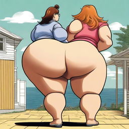 A woman with an extremely large buttocks, depicted in a humorous or surreal manner