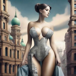 A beautiful woman with breasts the size of buildings, depicted in a surreal and exaggerated manner