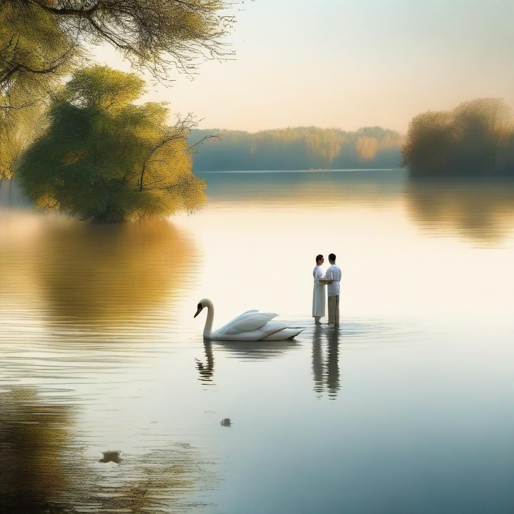 Create an image titled 'Sawanih' in English, featuring one man and one woman standing by a serene lake with two swans gracefully swimming in the water