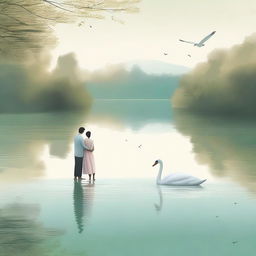 Create an image titled 'Sawanih' in English, featuring one man and one woman standing by a serene lake with two swans gracefully swimming in the water