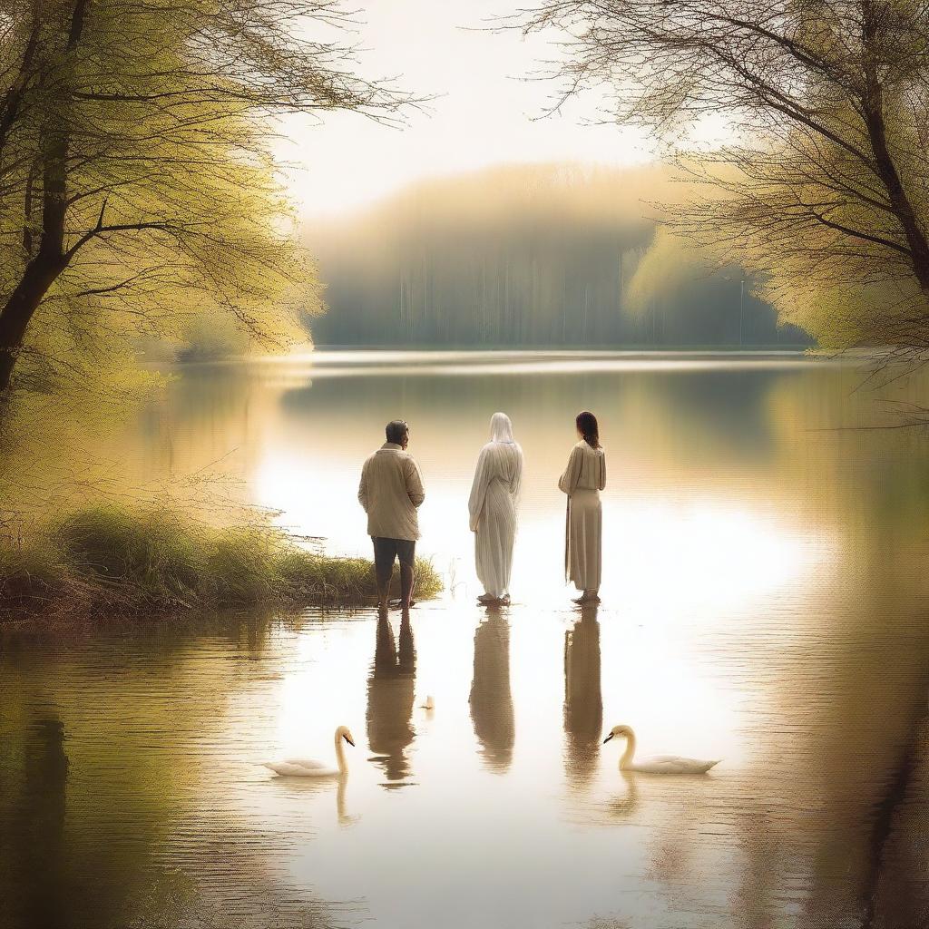 Create an image titled 'Sawanih' in English, featuring one man and one woman standing by a serene lake with two swans gracefully swimming in the water