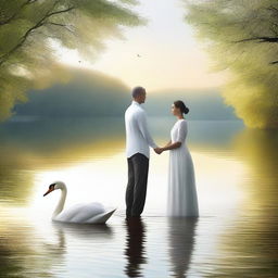 Create an image titled 'Sawanih' in English, featuring one man and one woman standing by a serene lake with two swans gracefully swimming in the water