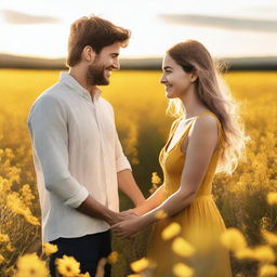 A young couple standing in a field of yellow flowers holding hands