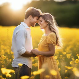 A young couple standing in a field of yellow flowers holding hands