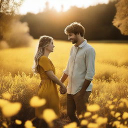 A young couple standing in a field of yellow flowers holding hands