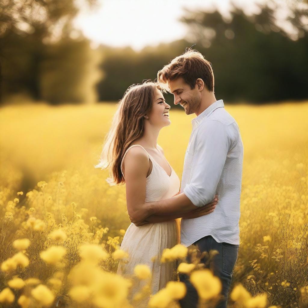 A young couple standing in a field of yellow flowers holding hands