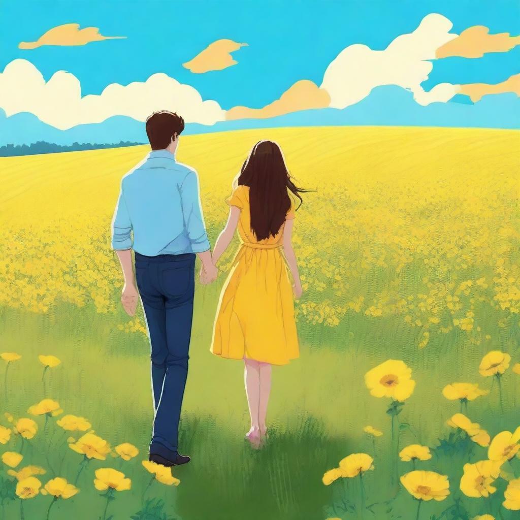 A young couple standing in a field of yellow flowers, holding hands