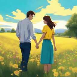 A young couple standing in a field of yellow flowers, holding hands