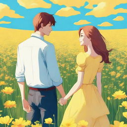 A young couple standing in a field of yellow flowers, holding hands