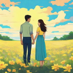 A young couple standing in a field of yellow flowers, holding hands