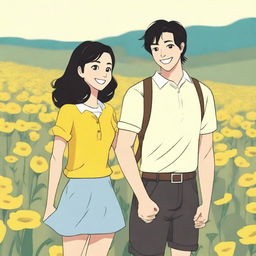 A young couple, a guy with black hair and a girl with dark brown hair, standing in a field of yellow flowers, holding hands and smiling