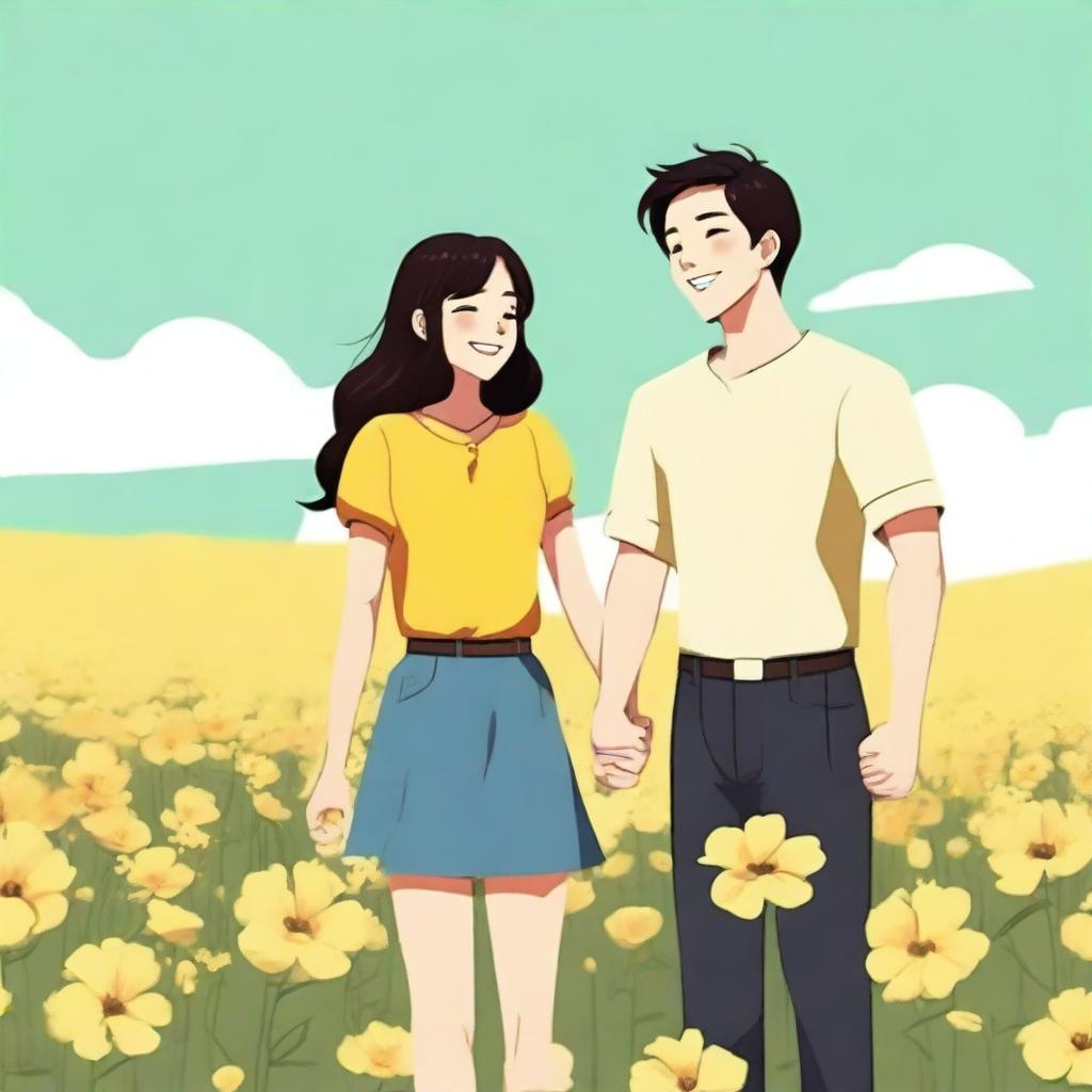 A young couple, a guy with black hair and a girl with dark brown hair, standing in a field of yellow flowers, holding hands and smiling