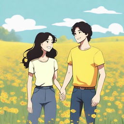 A young couple, a guy with black hair and a girl with dark brown hair, standing in a field of yellow flowers, holding hands and smiling