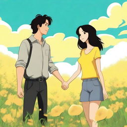 A young couple, a guy with black hair and a girl with dark brown hair, standing in a field of yellow flowers, holding hands and smiling