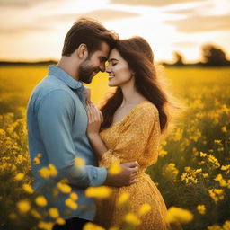 A young couple standing in a field of yellow flowers, embracing each other warmly