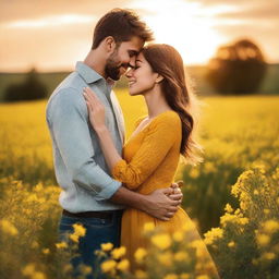 A young couple standing in a field of yellow flowers, embracing each other warmly