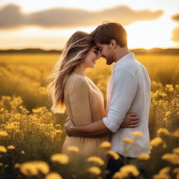 A young couple standing in a field of yellow flowers, embracing each other warmly