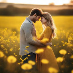 A young couple standing in a field of yellow flowers, embracing each other warmly