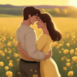 An animated picture of a young couple standing in a field of yellow flowers, embracing each other warmly