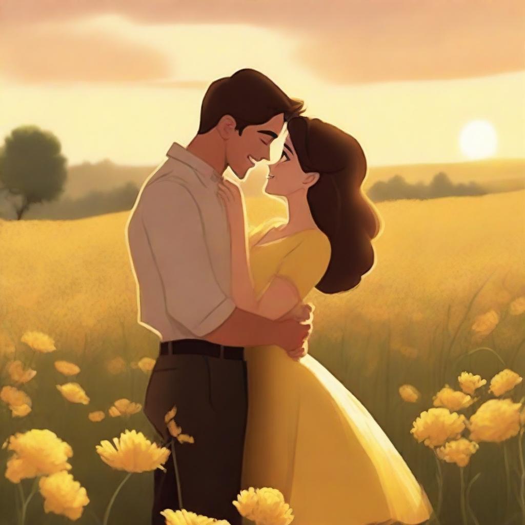 An animated picture of a young couple standing in a field of yellow flowers, embracing each other warmly