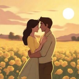 An animated picture of a young couple standing in a field of yellow flowers, embracing each other warmly