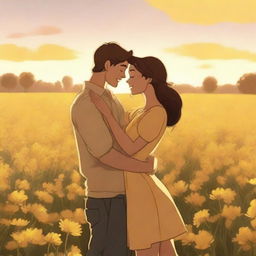 An animated picture of a young couple standing in a field of yellow flowers, embracing each other warmly