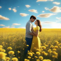 A young couple standing in a field of yellow flowers, embracing each other