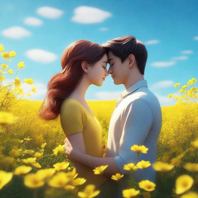 A young couple standing in a field of yellow flowers, embracing each other