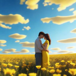 A young couple standing in a field of yellow flowers, embracing each other