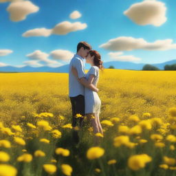 A young couple standing in a field of yellow flowers, embracing each other