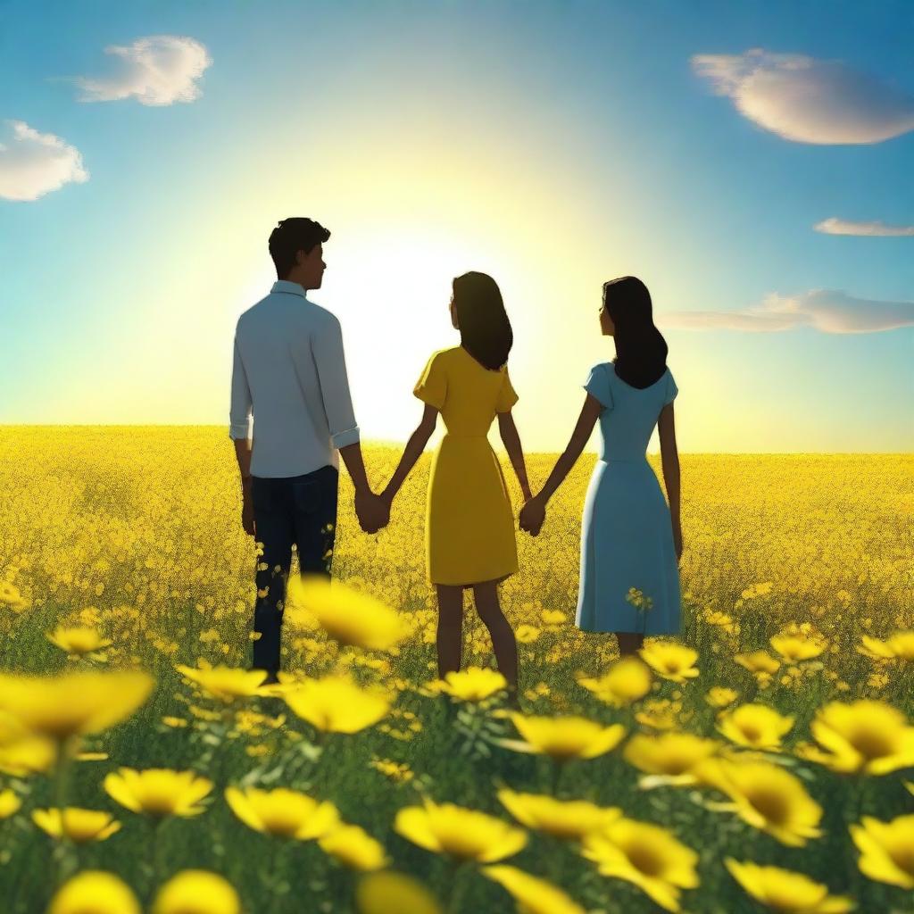 A young couple standing in a field of yellow flowers, holding hands