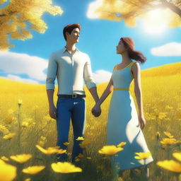 A young couple standing in a field of yellow flowers, holding hands