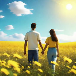 A young couple standing in a field of yellow flowers, holding hands