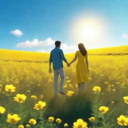 A young couple standing in a field of yellow flowers, holding hands